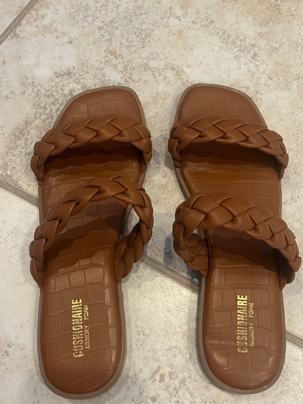 Cushionaire Tan Braided Double-Strap Slide Sandals for Women